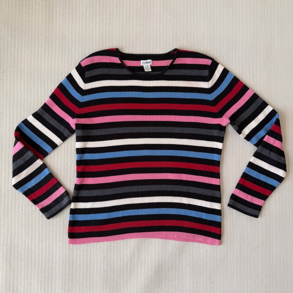 100% Cotton Outline Blue Pink and Red Horizontal Striped Long sleeve Sweater